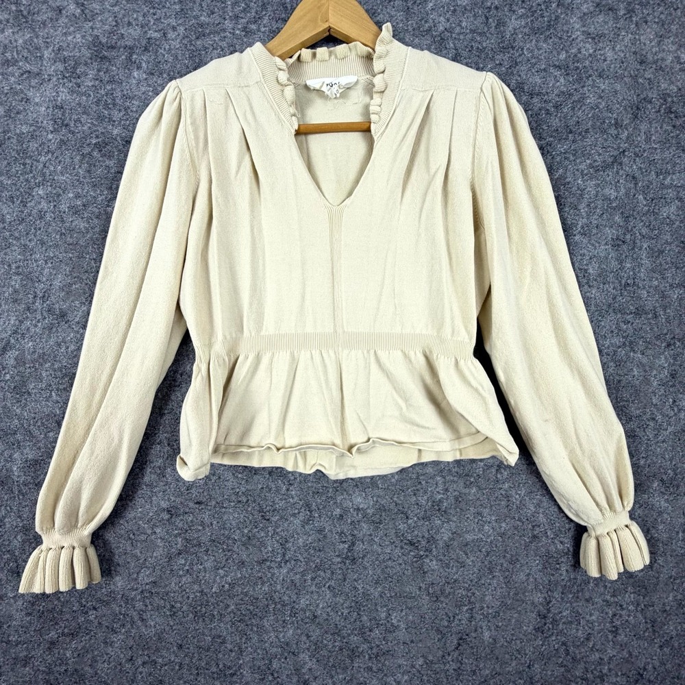 Ba&sh Sweater Womens XS Beige Tight Knitted Ruffle Peplum Long Sleeve Pullover